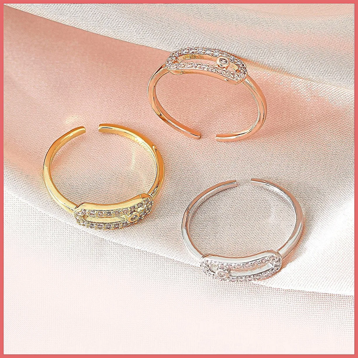 Ins Light Luxury Adjustable Ring for Women, 18K Gold Plated Zirconia Open Cuff Ring, Fashion Stackable Statement Ring