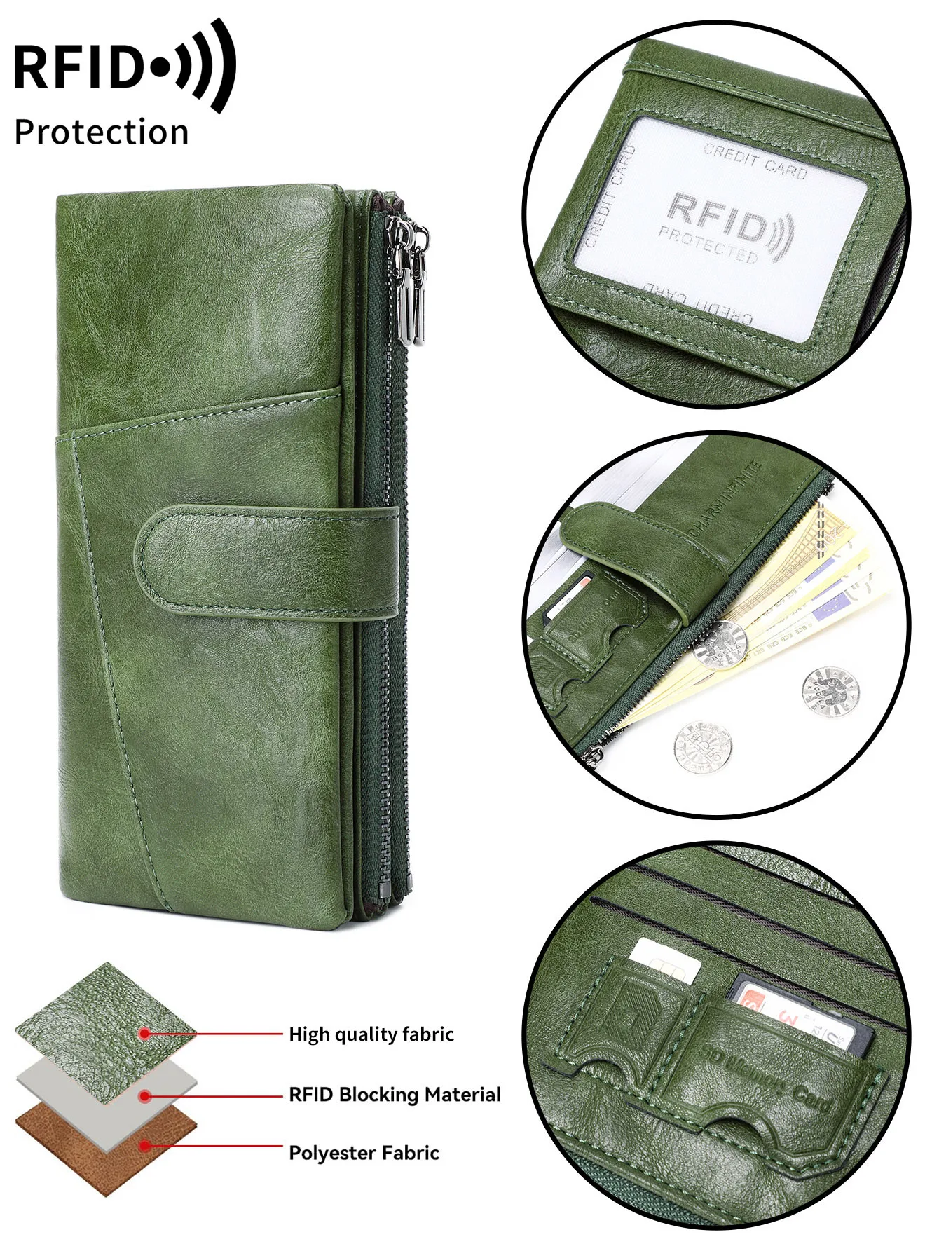 Wesern RFID Blocking PU Leather Long Women Wallet Large Capacity Multi-cards Zipper Coin Purse for Ladies