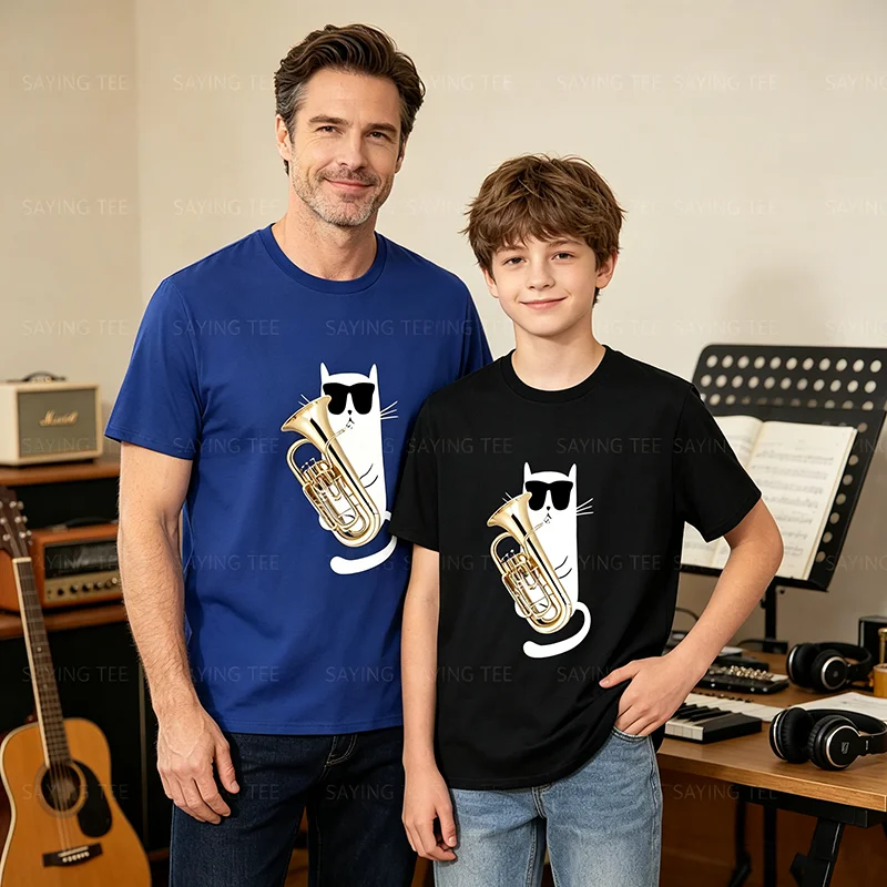 Funny Cat Wearing Sunglasses Playing Euphonium T-Shirt Y2k Cute Kitty Aesthetic Clothes Music Band Streetwear Tee Shirt Novelty