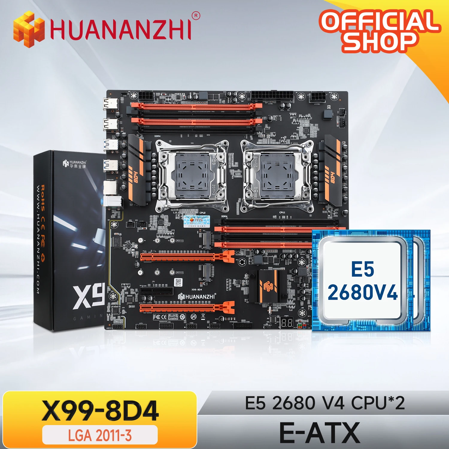 

HUANANZHI X99 8D4 Motherboard LGA 2011-3 with 2*E5 2680 V4 Support 8*DDR4 Memory NVME M.2 E-ATX