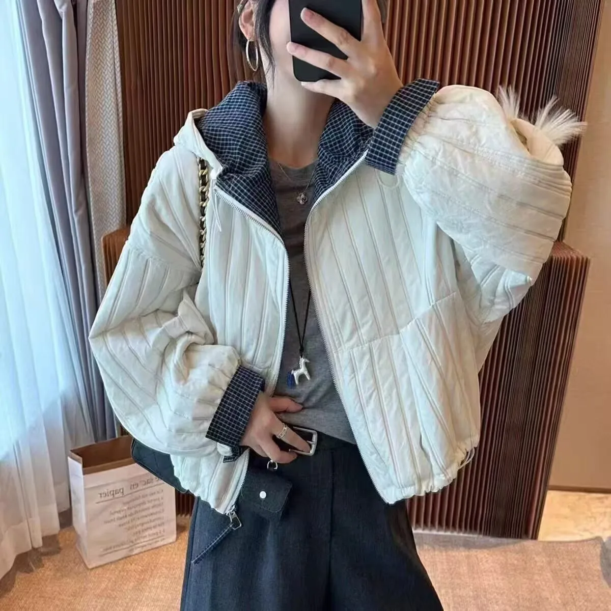 

Yaminiya Checkered Patchwork Hooded Cotton Jacket Short Jacket for Women 2025 Winter Clothes Women New Loose Casual Jackets Top