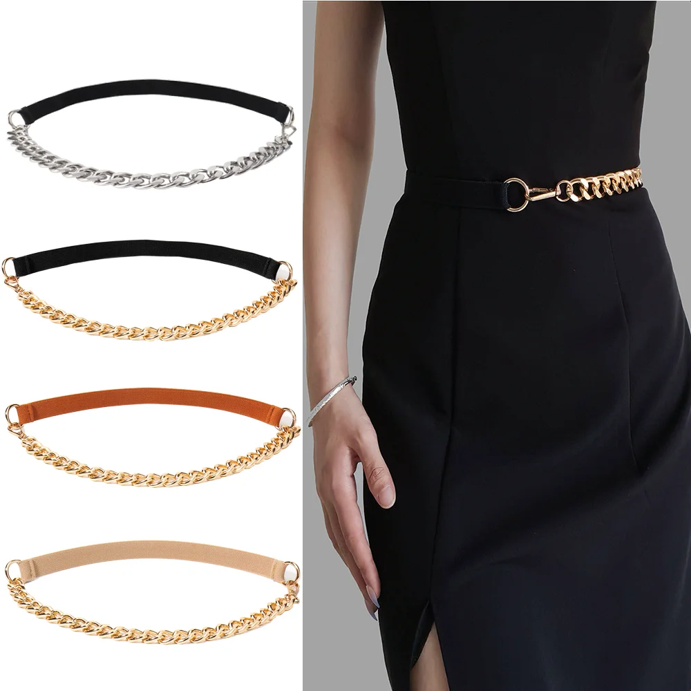 Women Waist Seal with Gold Chain for Ladies Fashion Dress Coat Sweater Elastic Thin Female Waistband