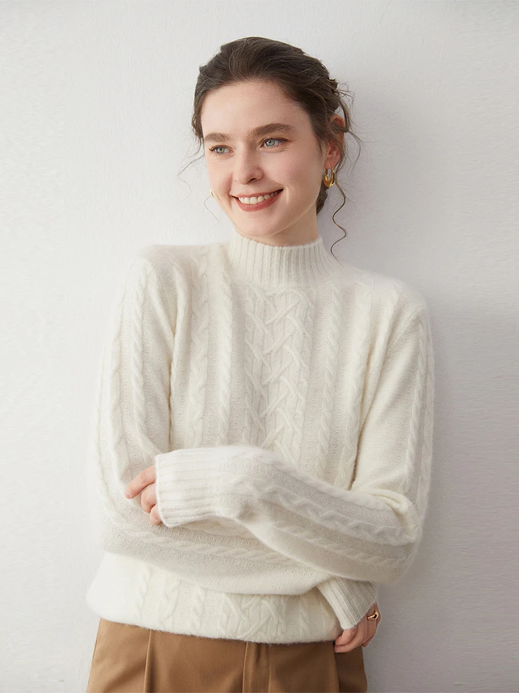 Damski sweter z golfem, dzianinowy, z wzorem kablowym, wykonany w 100% z kaszmiru, ciepły, miękki, na jesień i zimę, prosty, wygodny, odzież, topy.