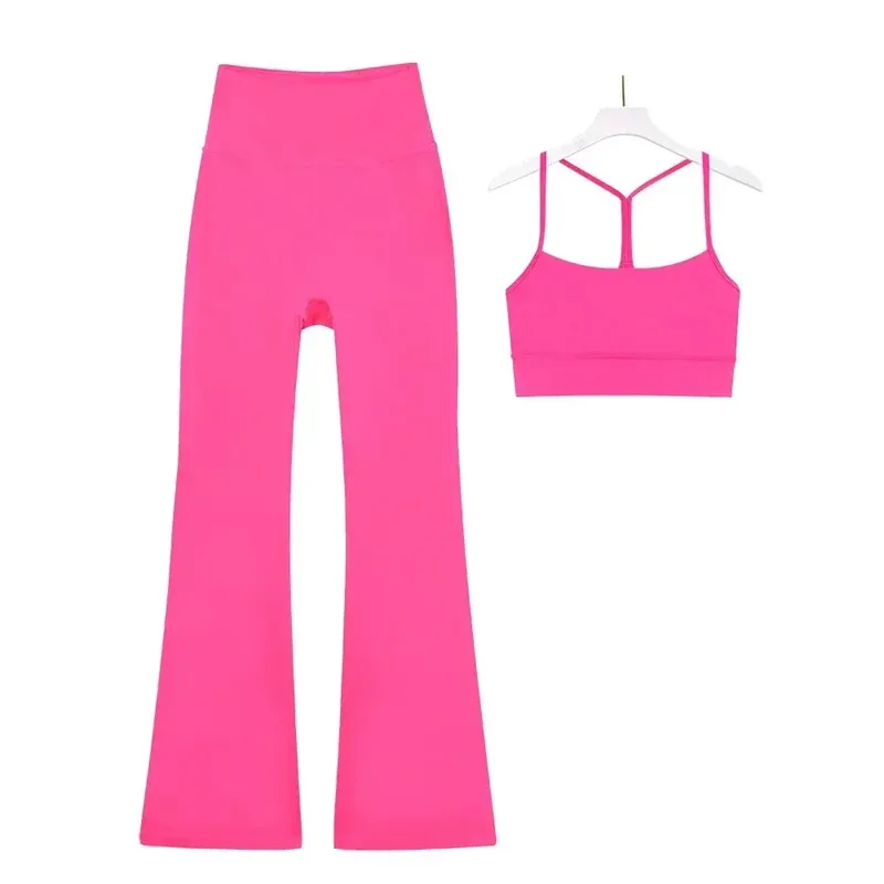 Lemon-Inspired Wide Leg Flare Pants & Y-Back Sports Bra Set - Women's Fitness, Training & Yoga Outfit