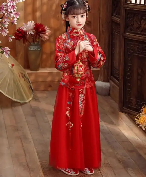 Ropa de Año Nuevo chino para niñas, vestido Tang rojo bordado, traje de escenario Vintage Hanfu