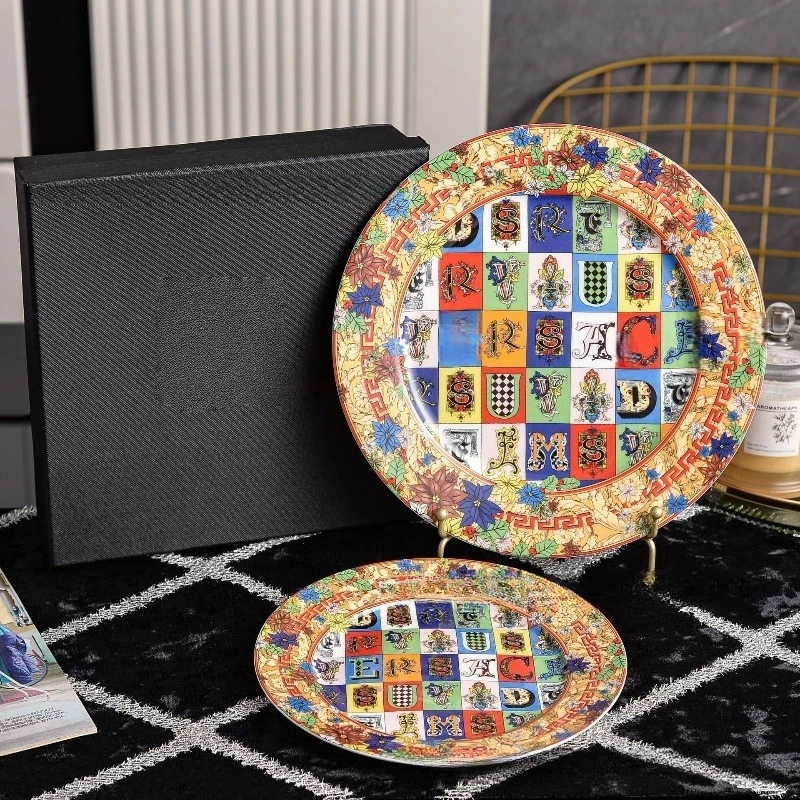 

European Luxury Western Dinner Plate Set Round Plain Shallow Dish Gift Box For Retro Banquet Party Tableware dinnerware set