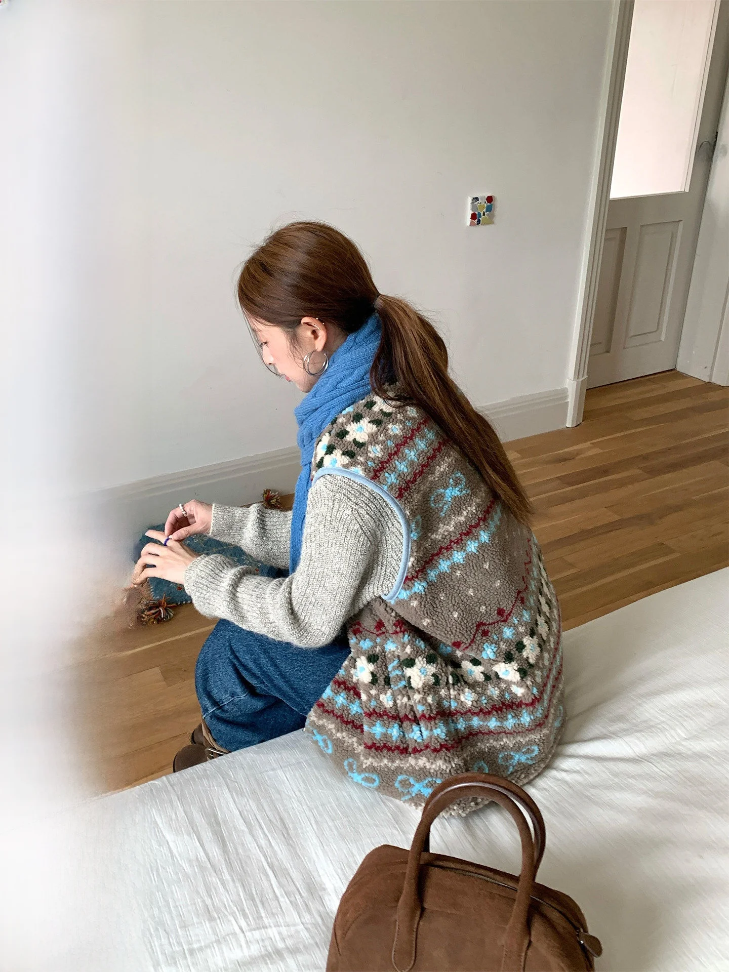 

COK Sweet And Gentle Retro Fair Isle Lamb Fur Vest Women's ort Outerwear Stand Fit round Ne Zipper Closure Polyester