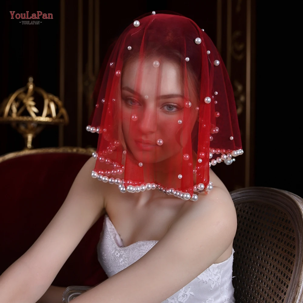 YouLaPan VA10 Wedding Bride Mask Small Veil with Delicate Nail Pearls Beaded Bride Accesories Simple Detachable Blusher Veil