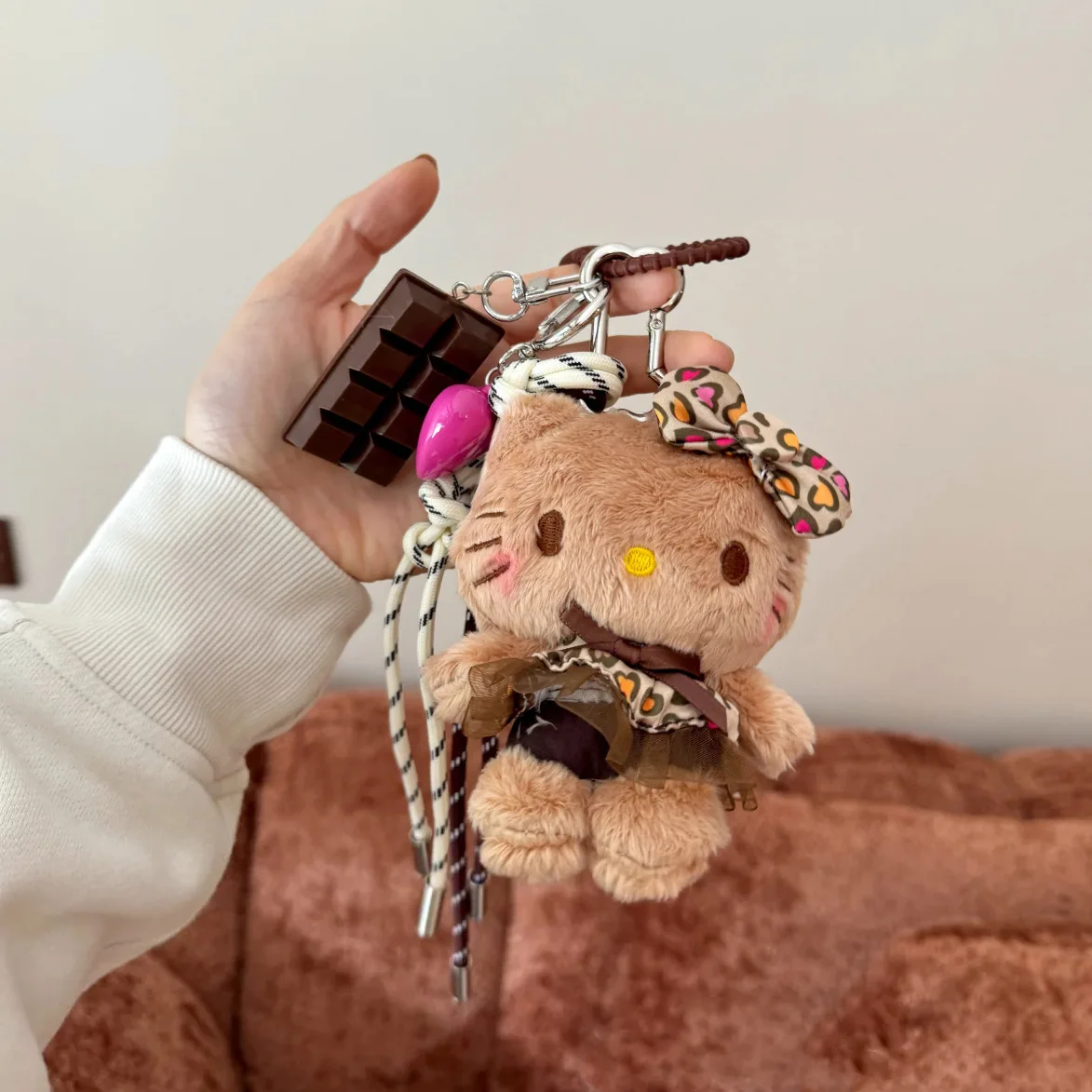 Sanrio Dark Skin Hello Kitty Leopard Print Dress Small Camera Heart Shaped Keychain Shoulder Bag Cartoon Pendant Festival Gift - view 3