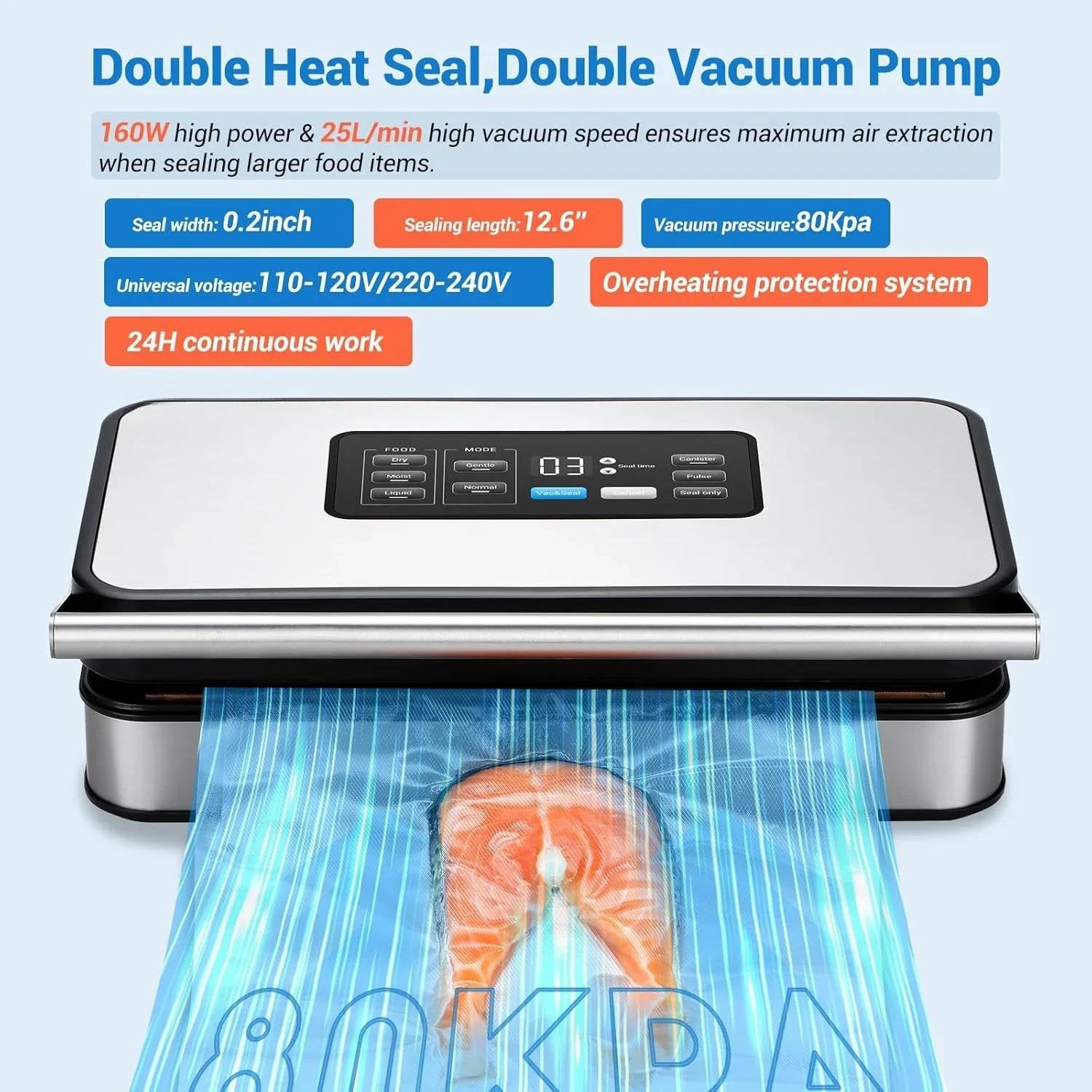 

Vacuum Sealer Machine with 160W Double Pump, Full Automoatic Pro Vacuum Sealer for Food Preservation with Liquid/Moist/Dry Food