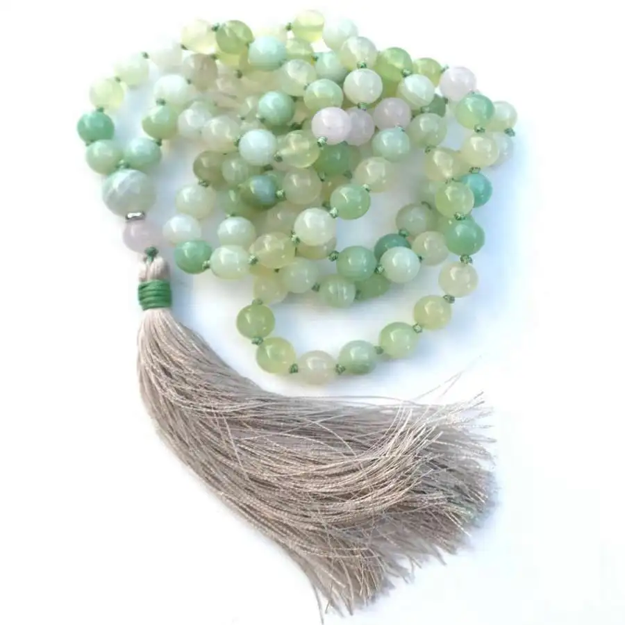 

Natural Green Aventurine 108 Beads Mala Necklace with Rose Quartz Accent Beige Tassel Spiritual Jewelry