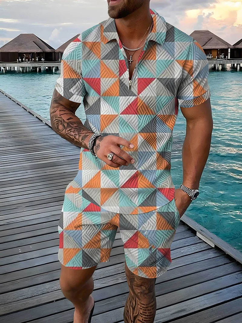 Moda verão conjunto de moletom masculino remendos coloridos impressão 3d casual zíper camisa polo + shorts 2 pçs conjuntos de treino de grandes dimensões