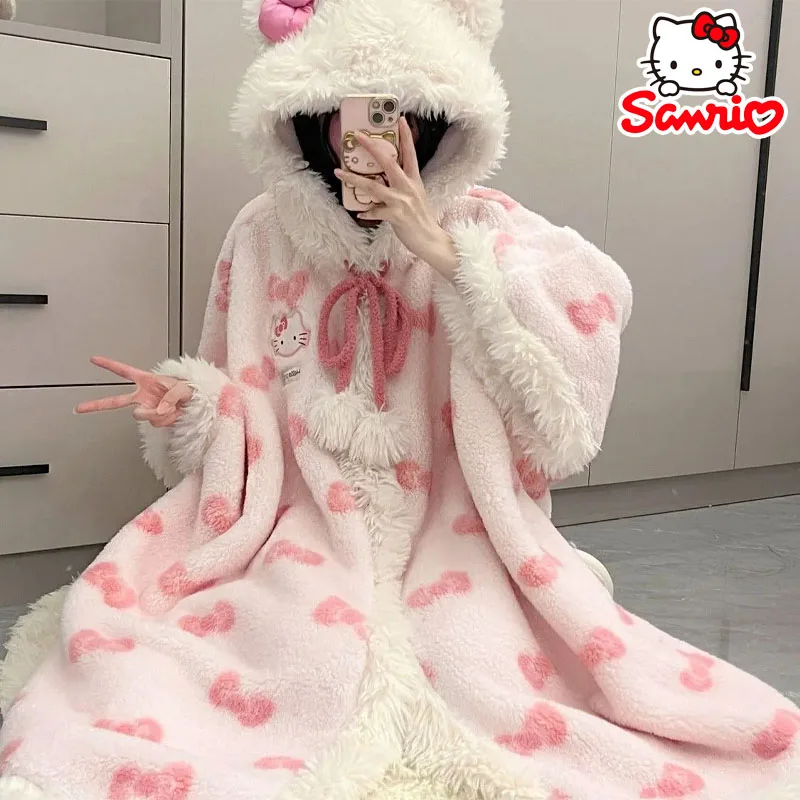 

Sanrio Thickened Warm Sleepwear Hello Kitty Loungewear Cardigan Suit Winter Sweet Kawaii Soft Women Large Size Pajamas Homewear