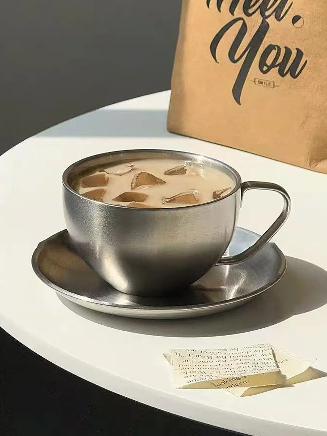 American Retro 304 Stainless Steel Coffee Cup and Saucer European Industrial Style Metal Cup Set Afternoon Tea Cup Latte Cup Set 2Pcs