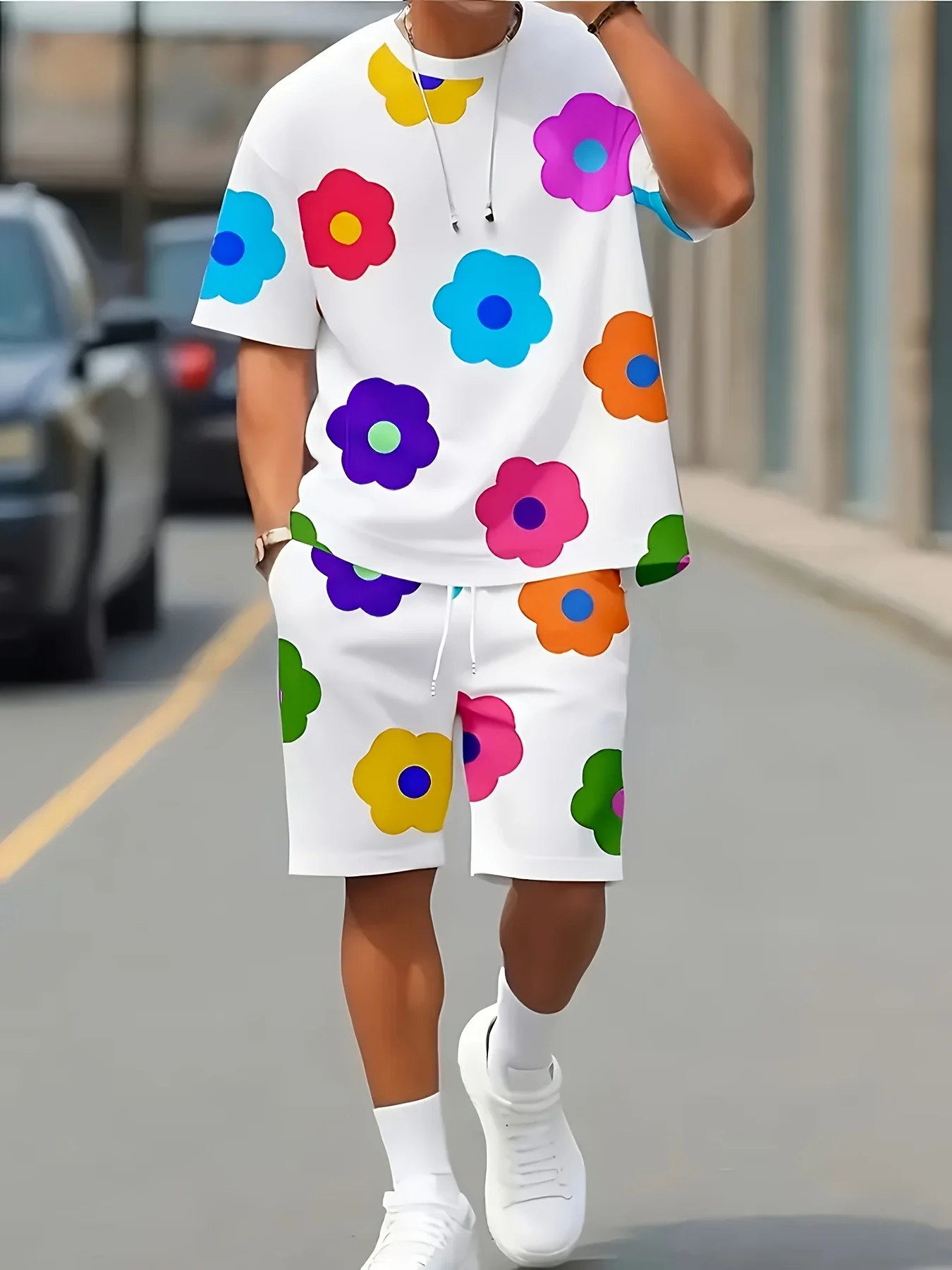 

Модный комплект из 2 предметов с цветочным принтом, топ с круглым вырезом, короткими рукавами и спортивные 3D шорты на шнурке, удобный летом