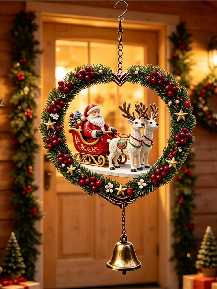 1 Piece of Pine Needle Red Berry Heart-Shaped Wreath with Santa Claus and Copper Bell Metal Wind Chime, 2D Flat Acrylic Design Featuring Two Reindeer Pulling a Sleigh and Santa Claus, Decorated with Stars and Holly Ber