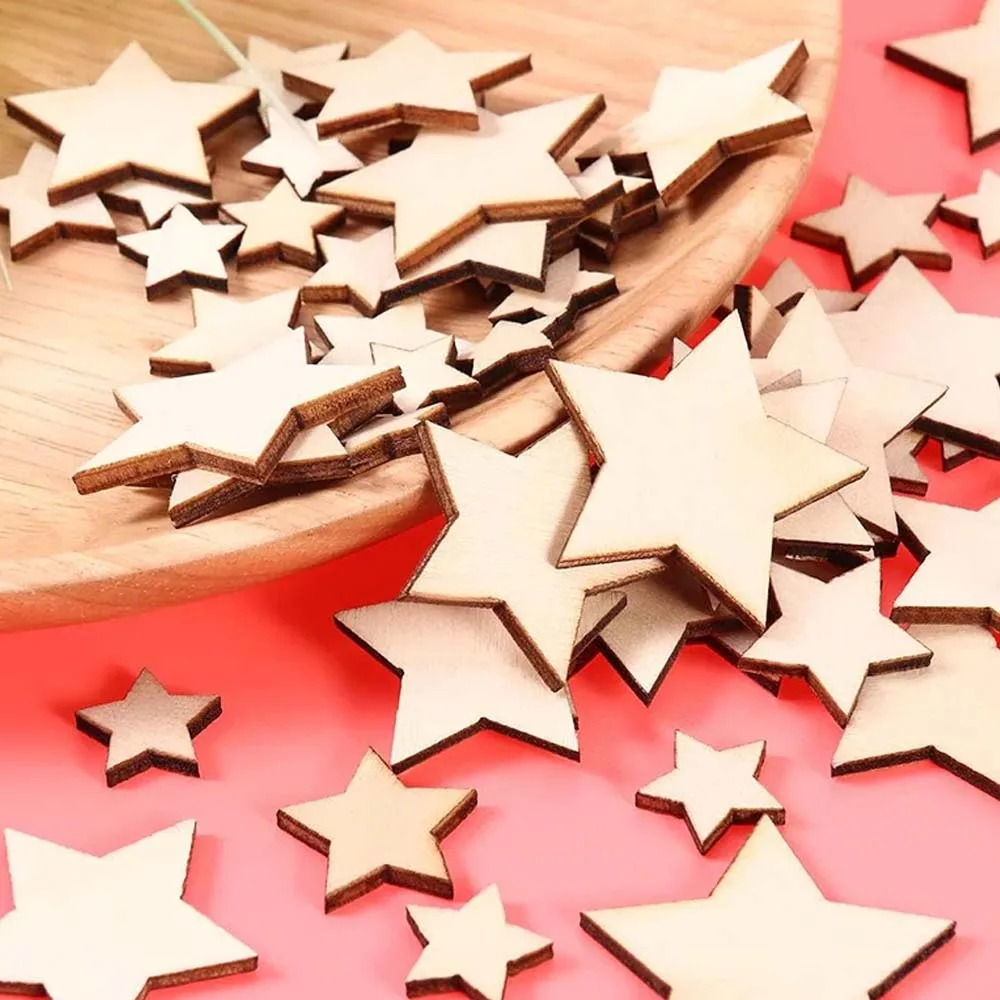 100-300Pcs Wooden Stars Slices Mixed Size Wooden Star Blank Wooden Crafts Pieces Christmas Wedding DIY Scrapbook Party Crafts