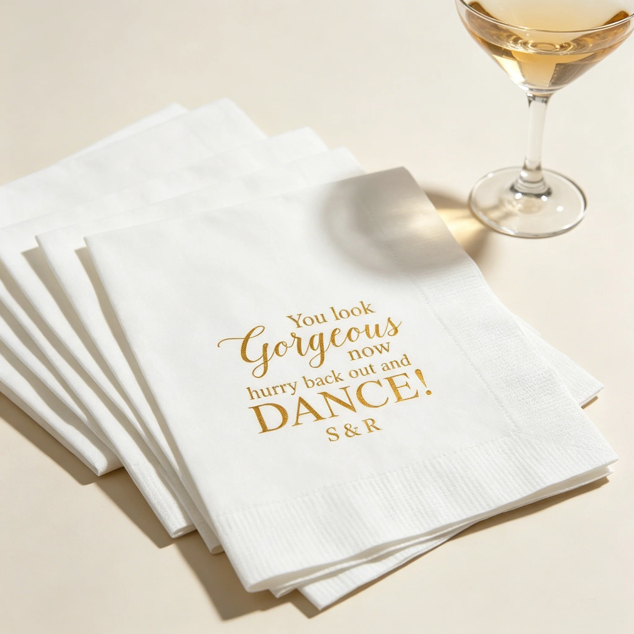 

50pcs Custom Gold Foil "You Look Gorgeous Now Dance" Dinner Napkins, Personalized Couple Initials Printed Funny Wedding Napkins
