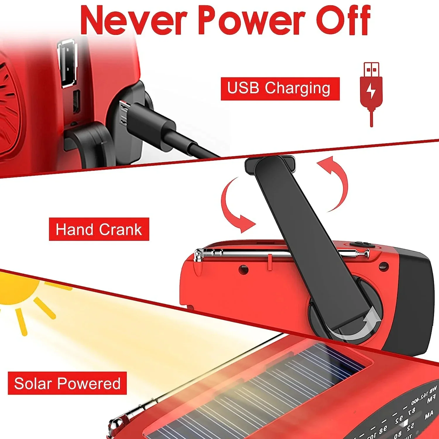 

Solar Hand Crank Powered Camping Light With AM/FM Radio Outdoor 2000mAh USB Charging Multifunctional Hand Dynamo Flashlight