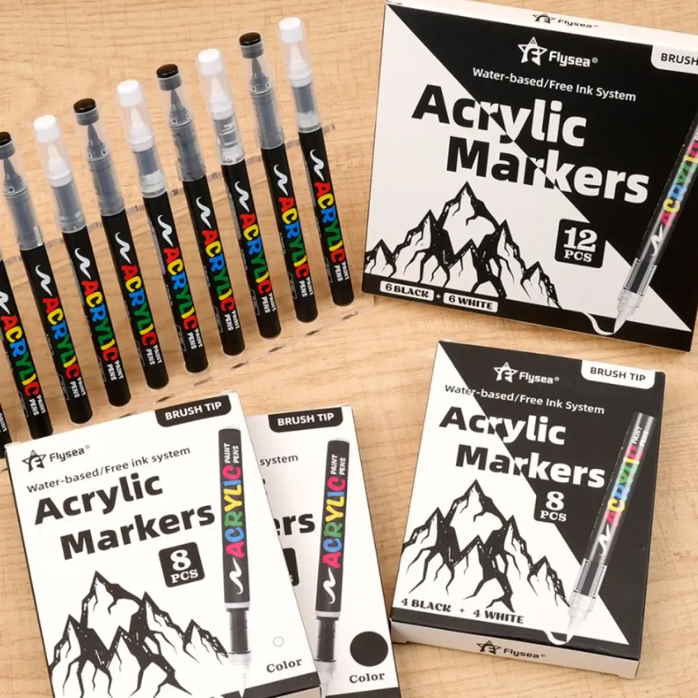 8pcs Black and White Acrylic Paint Marker Waterproof DIY Acrylic Marker Pen Soft Tip Large Capacity Ink Marker