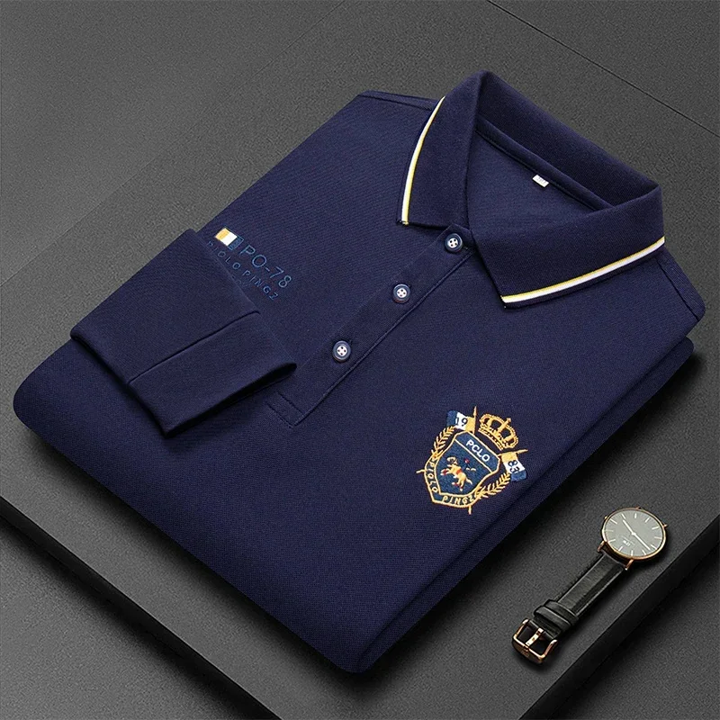 Men's Long-sleeved Brand New Korean Embroidered POLO Shirt Cotton T-shirt Lapel Fashion Breathable Top 4XL