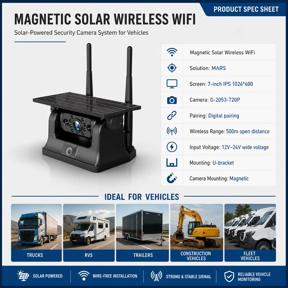 Solar Magnetic WIFI Camera G-2053 720P, Digital Pairing, 500M Open Range, 12-24V for Truck Vehicle Monitoring