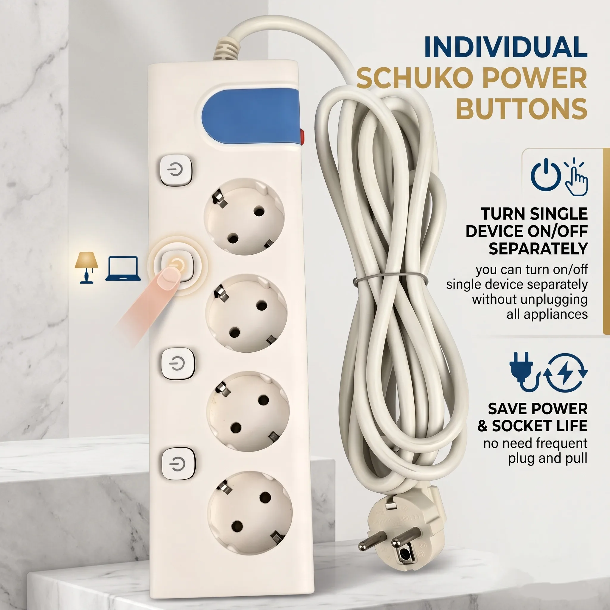 TATIBS 4 Way Schuko Power Strip with Individual Switches Overload Protection Extension Cord Child Safety Socket Home Office Dorm