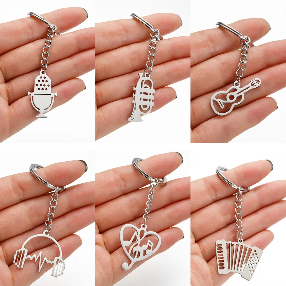 Musical Instrument Keychain For Women Stainless Steel Guitar Accordion Keyring Music Charms Festival Gift Diy Handmade Jewelry