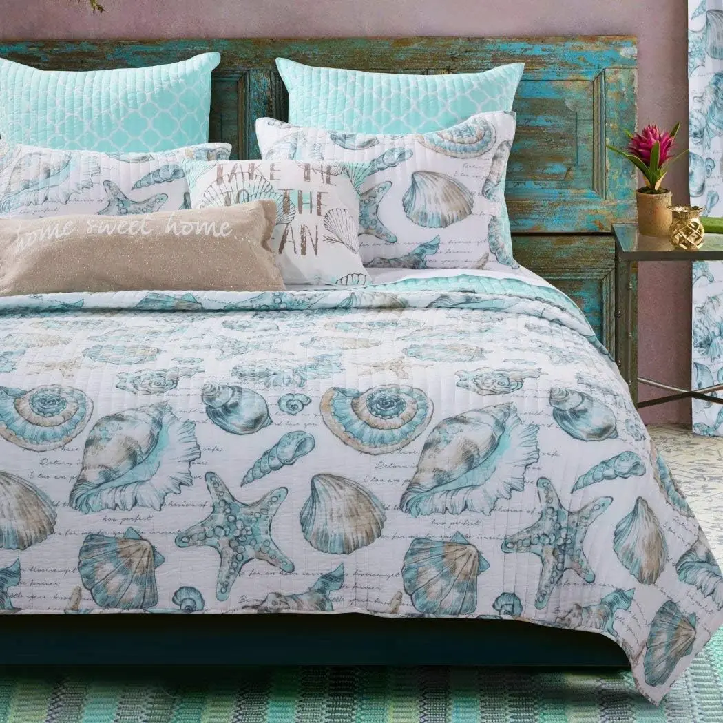 Bedding Seashells Dreamy Poetic Phrases Seaside Fishnet Pattern Nature Nautical Star Fish Coral Lake House Cottage, Polyester