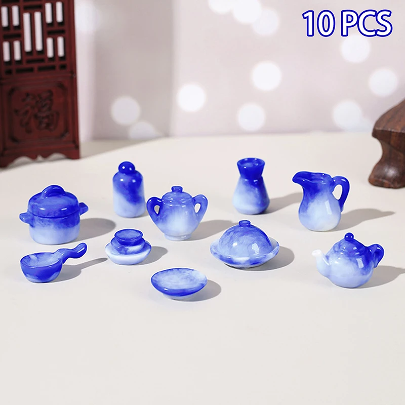 10PCS 1/12 Scale Dollhouse Miniature Imitation Blue And White Porcelain Teapot Water Cups Kit Dolls Room Furniture Decoration