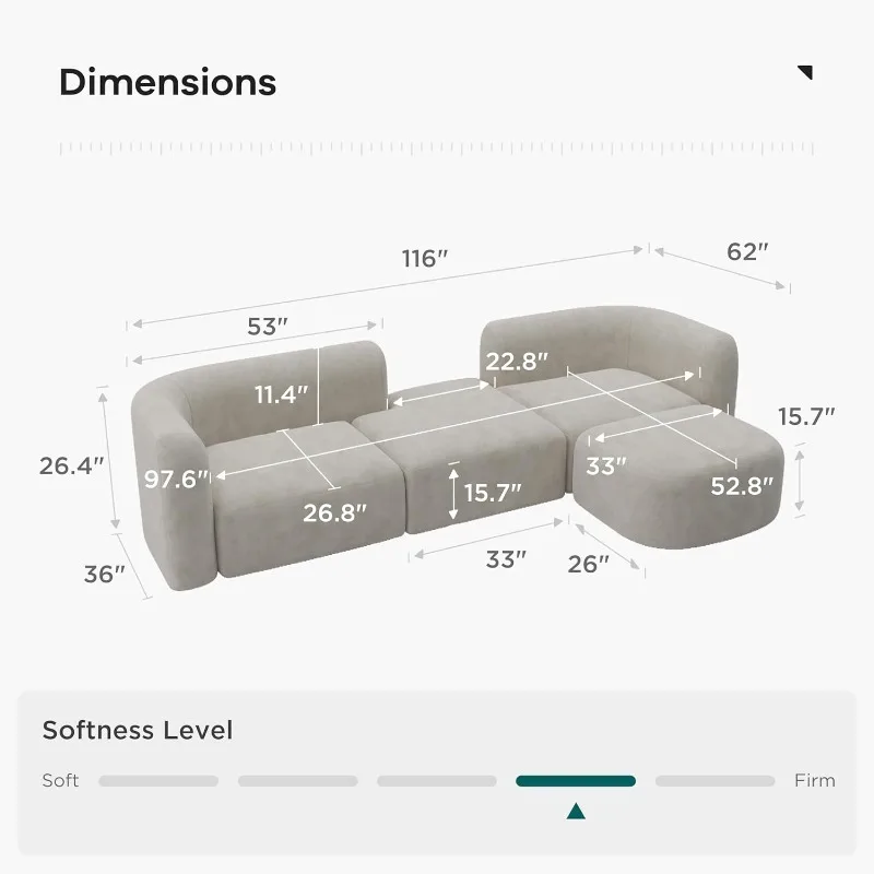 أريكة مخملية فاخرة وحديثة ضيقة منحنية من الخلف، أريكة مريحة على الطراز البسيط لشقة غرفة المعيشة، 4 مقاعد مقطعية #2