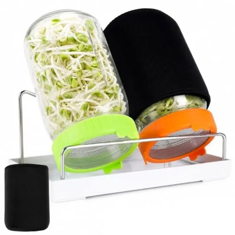 A02F-Seed Sprouting Kit With Stainless Steel Screen Lids, Blackout Sleeves, Stand & Drip Tray For Growing Broccoli, Beans