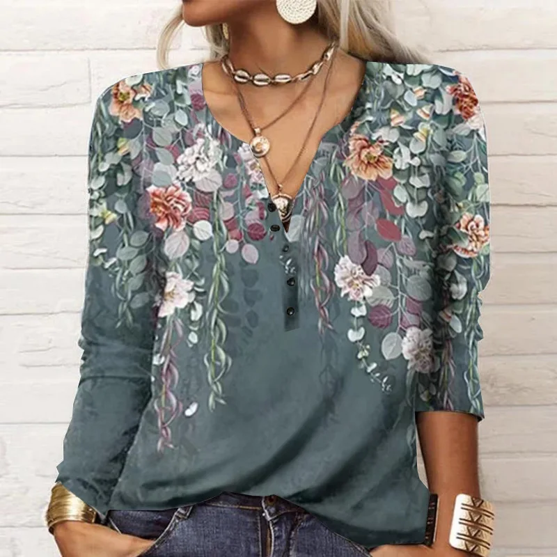 2023 New Autumn Winter Women Blouse Vintage Ethnic Style Floral Print Shirts Long Sleeve V-Neck Button Loose Casual Boho Tops