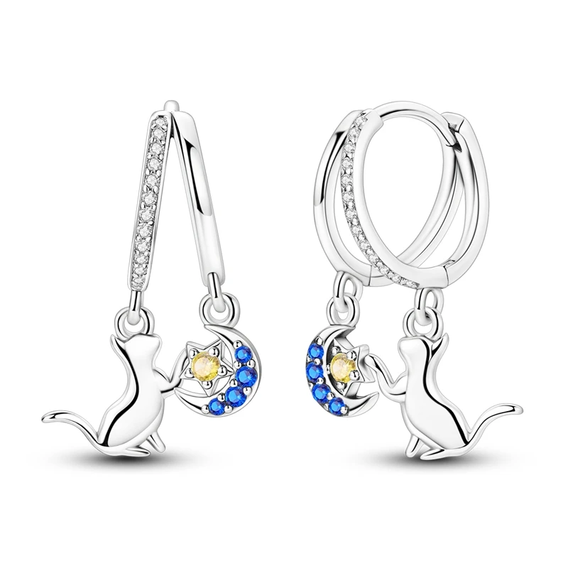 

925 Sterling Silver Earrings Women Sparking Stars and Cat Drop Earring For Anniversary Wedding Jewelry Gifts