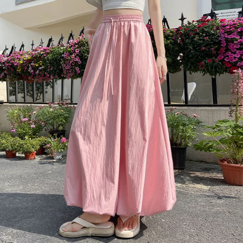 Sommerliche Mädchen-Designer-Röcke mit Raffungen, mittellang, für Damen, hohe Taille, locker sitzend, dünn, Midi-Kleid, klassische koreanische einfarbige Röcke