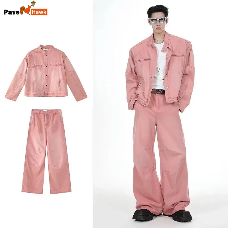 Retro Pink Denim Set Men Loose Vintage Cowboy Jacket +wide-leg Jeans Male 2pcs Sets Japanese American Style Spring Autumn Suits