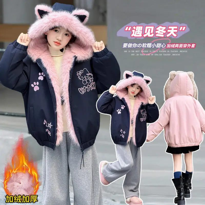 

Hello Kitty Girls Double-Sided Clothes Thick Warm Cotton Clothing Winter 2025 New Children's Cartoon Anime Sweet Fashion Parka