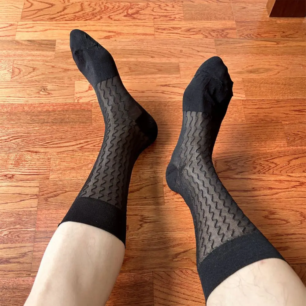 Mens Business Dress Socks Nylon Wave Pattern Breathable Thin Mid Calf Hosiery For Gentleman Office Suits Formal Style