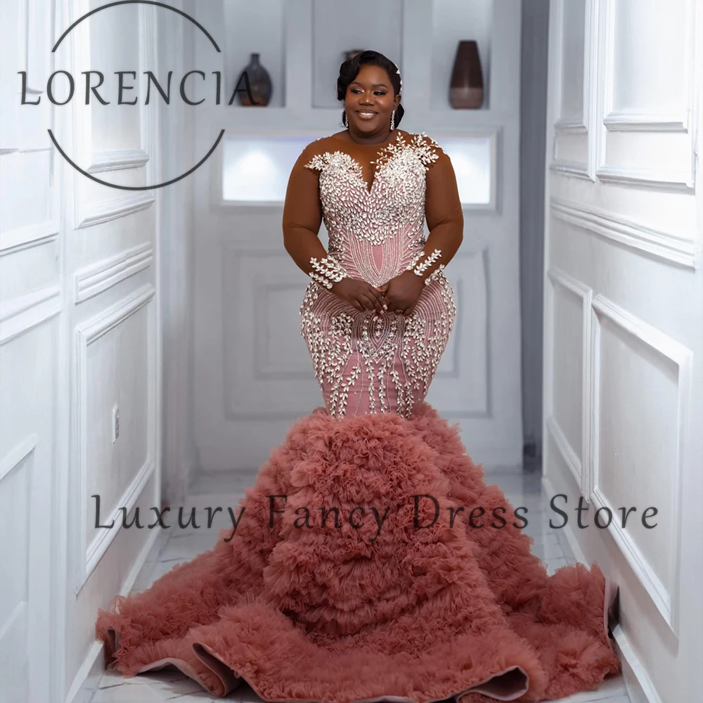 فساتين لحضور الحفلات الموسيقية الفاخرة الماسية تول الطيات Bodycon حورية البحر فستان الحفلات المسائية للمرأة مخصصة بأكمام طويلة vestidos de festa