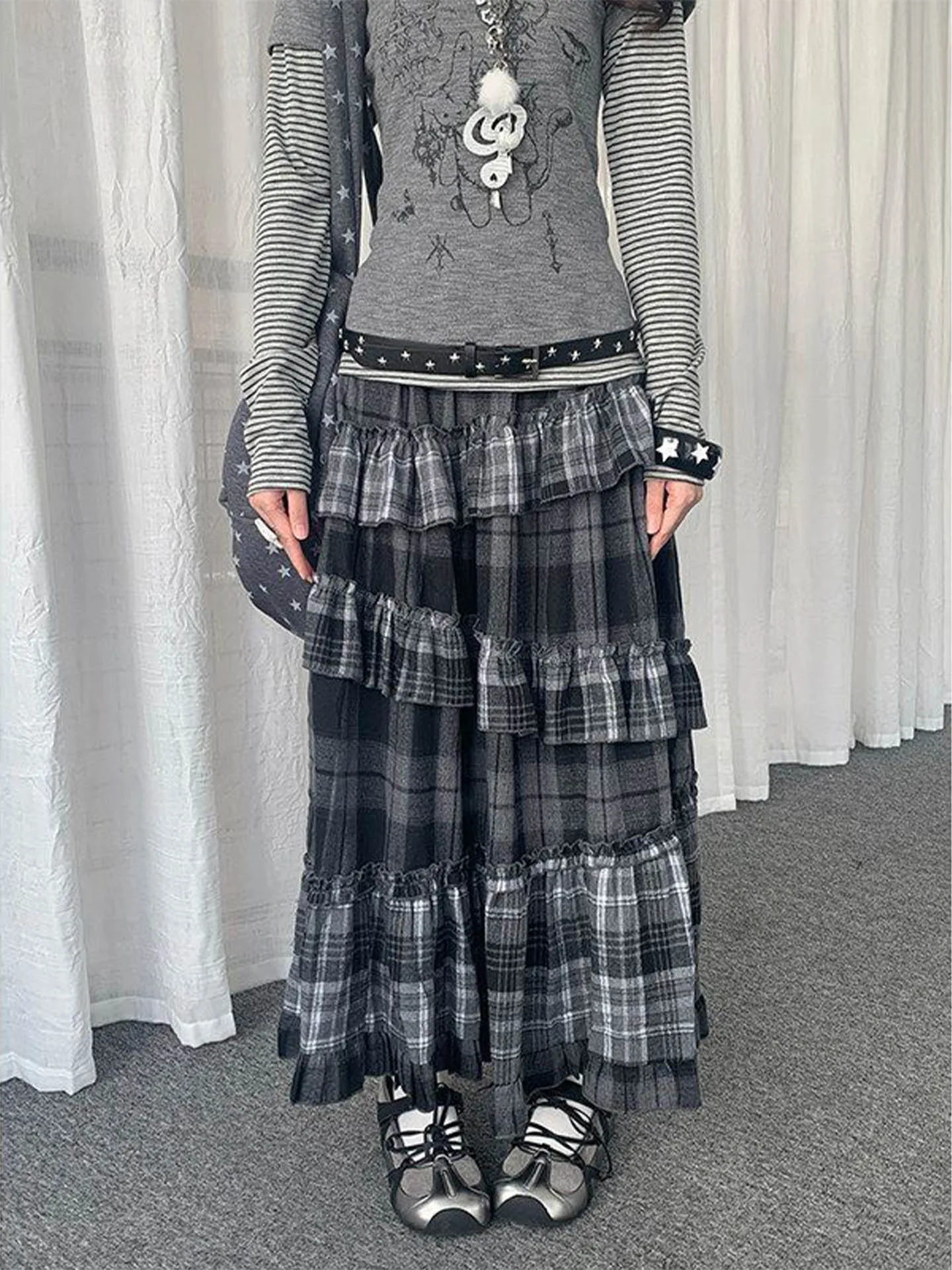 Y2K Subculture Plaid A-Line  Skirt Women's Autumn High Waist Cake Skirt Black Grey Casual Warm No  B Class Safety