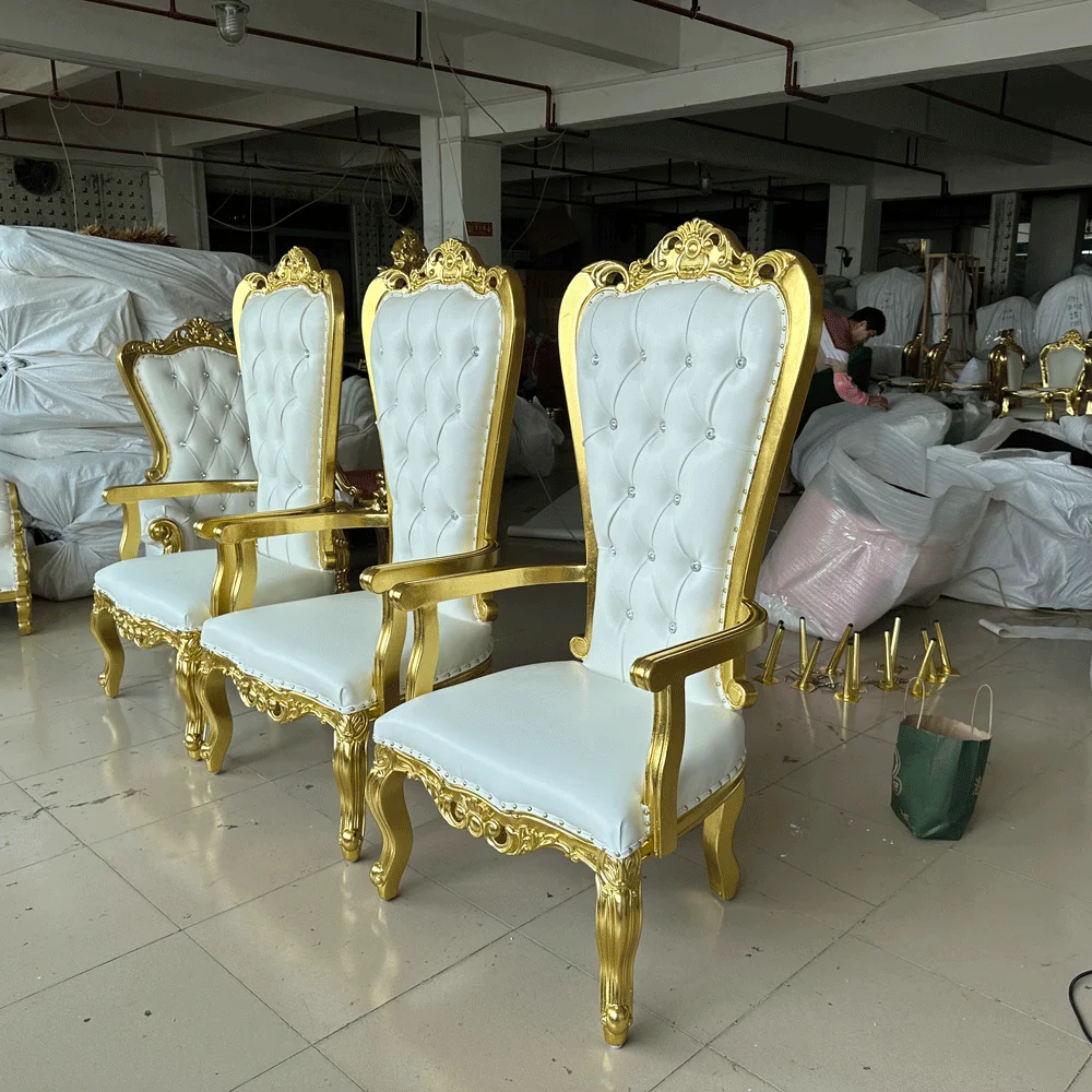 Shiny Gold Wood Frame White Queen Chair Throne Sofa Chair Exquisite