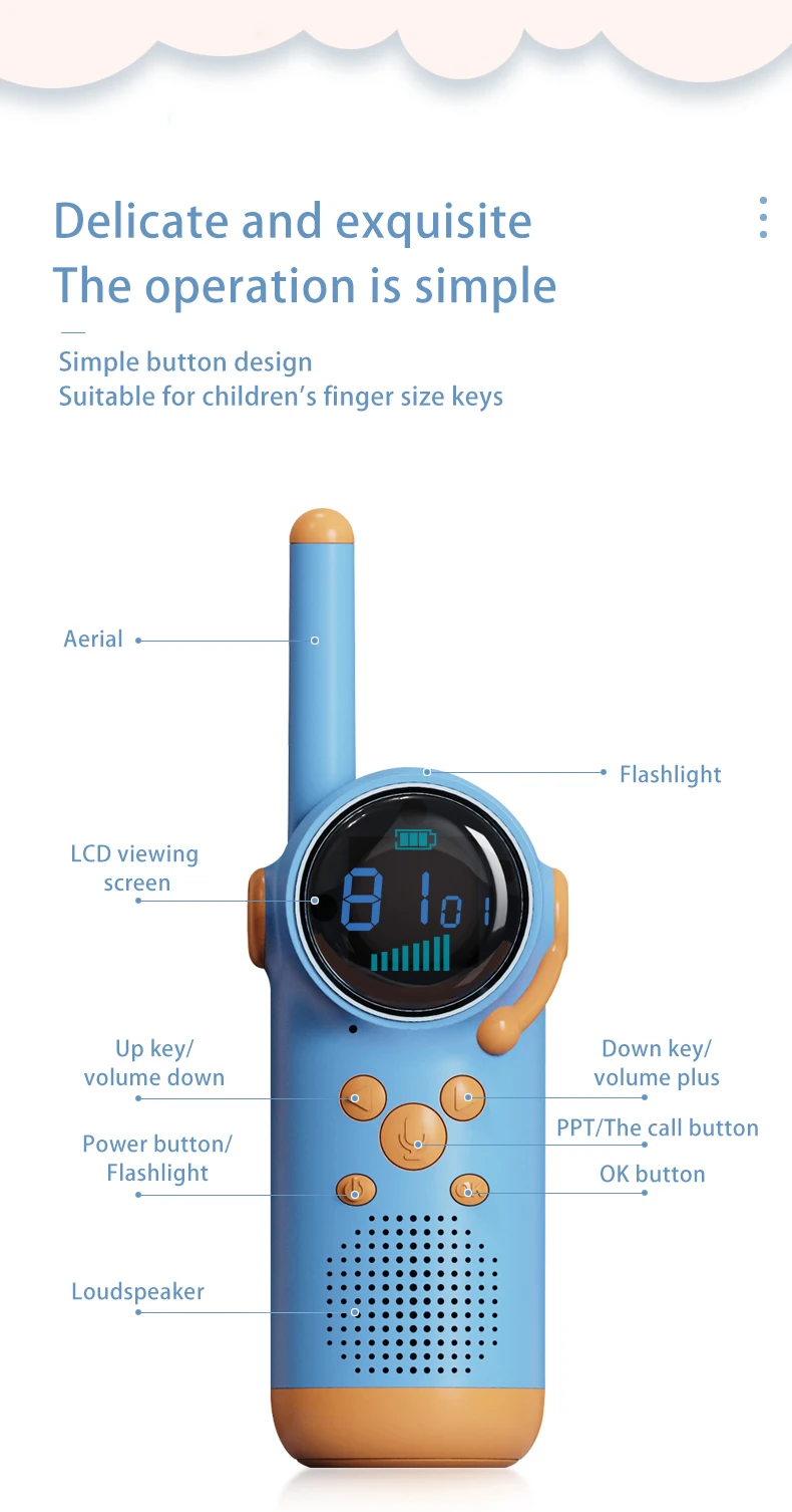 Dos pares de walkie talkies azules para conversación de 3 kilómetros, máquina de llamadas de villa al aire libre, juguete interactivo para padres e hijos