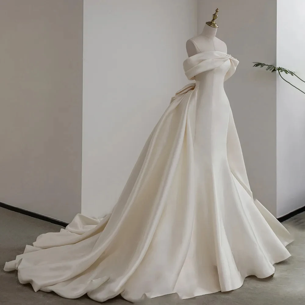 2024 abito da sposa con spalle scoperte sirena perla abito da sposa fiocco in raso corte treno principessa BECHOYER B340 Plus Size Vestido de Noiva