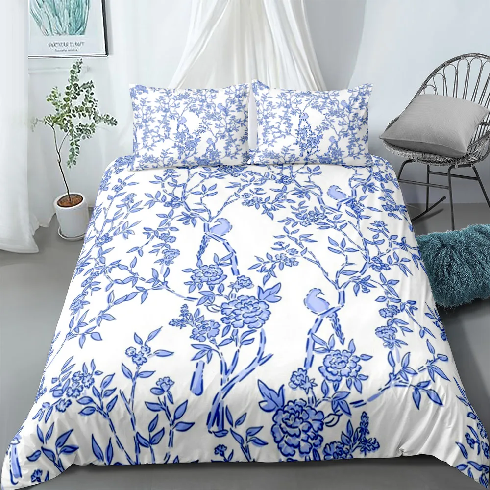 Shadow Blue Birds Floral Duvet Cover Set UK Single Double Queen US Twin Full King Size pkm Bed Linen Set