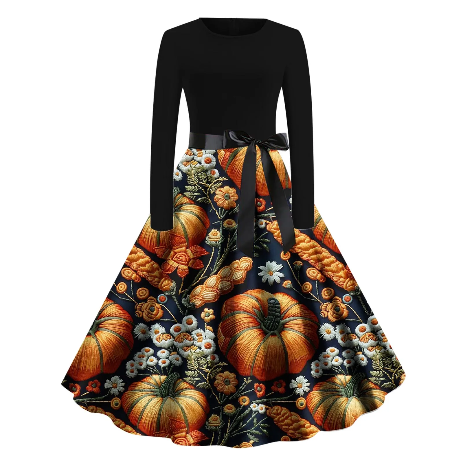 2024 Halloween Print Kleid Set Frauen Herbst Winter Mode Kürbis Print lange Ärmel O-Ausschnitt Party Kleider setzt lange Rock Frau