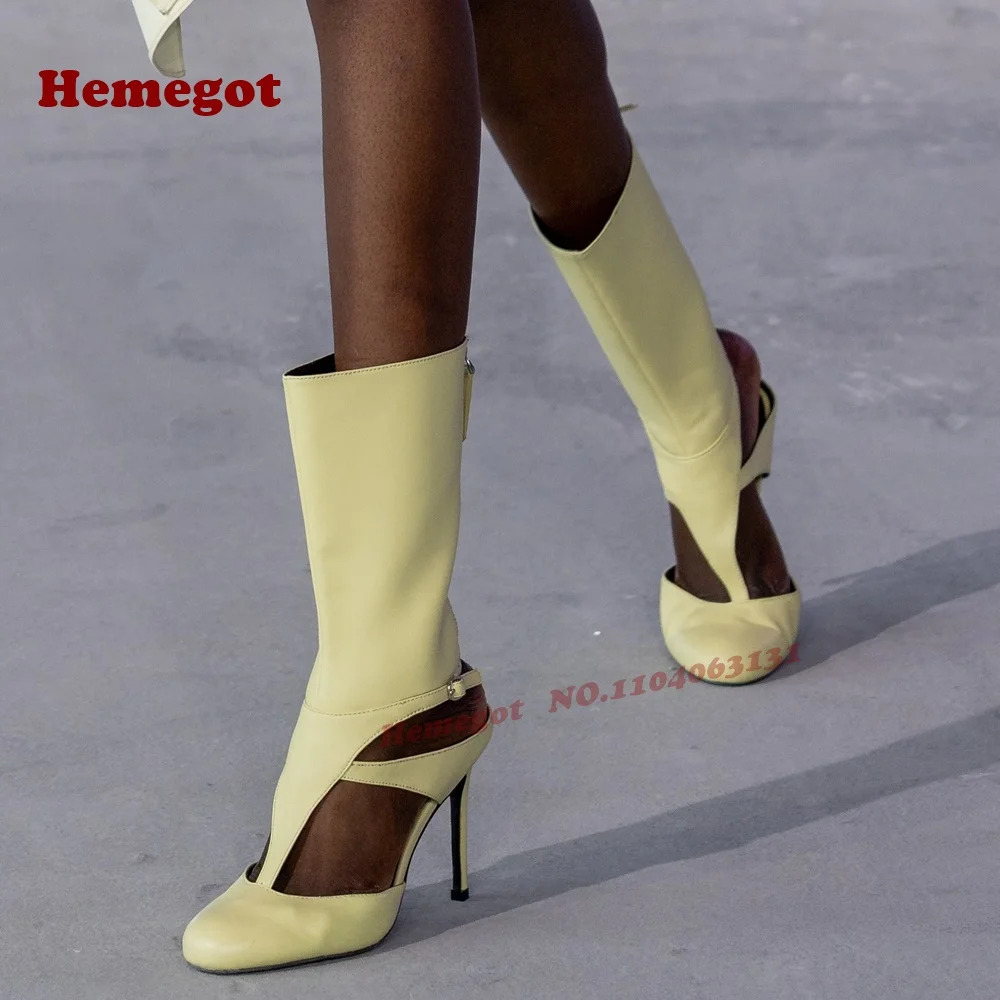 

Yellow T-Straps Buckled Sandals Round Toe Stiletto Heels Slingback Women's Sandals Back Zipper Solid Runway Party Shoes Luxury
