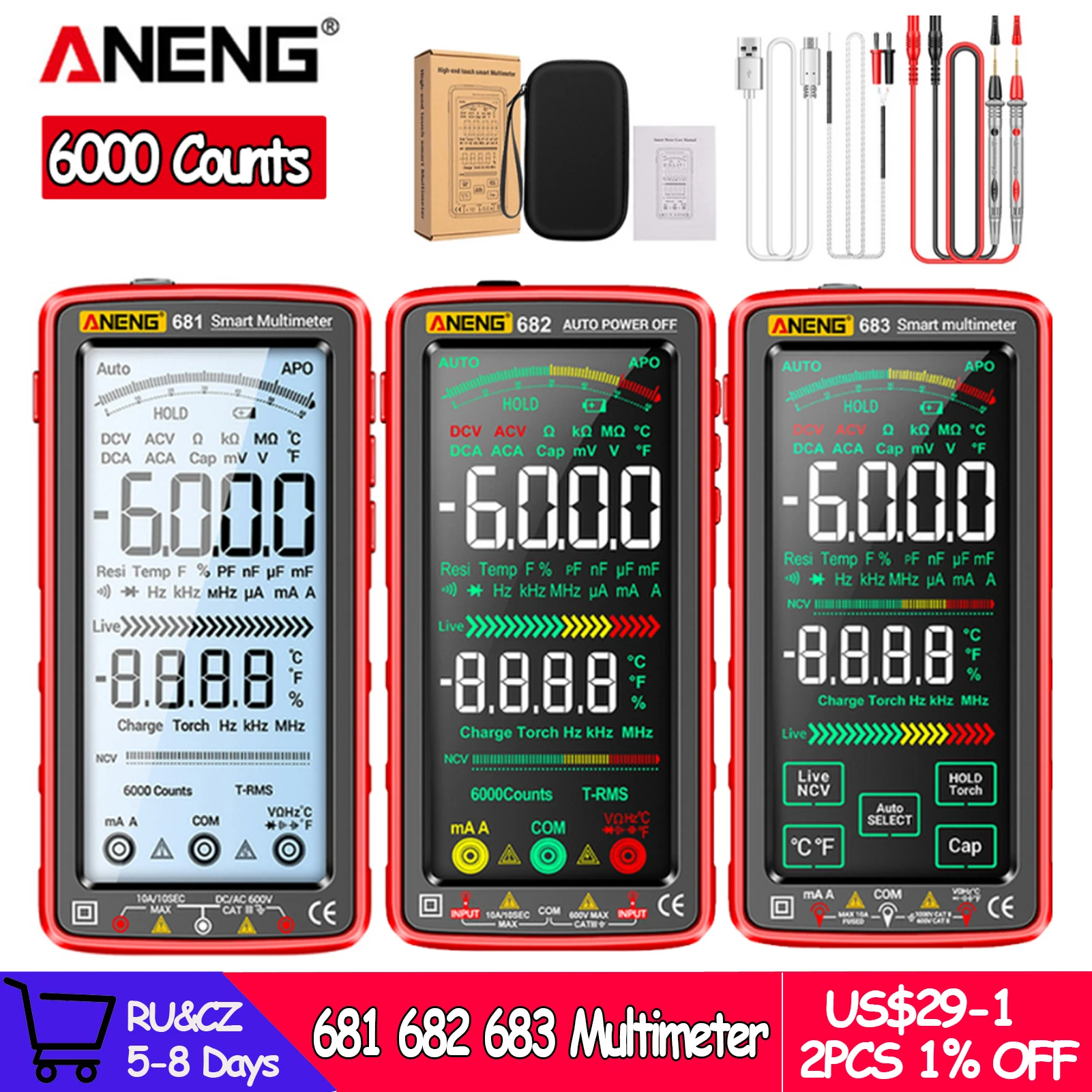 ANENG 681 682 683 6000 Counts Digital Multimeter Smart Anti-burn Rechargeable Meter NCV Tester 5-inch LCD Backlit Flashlight