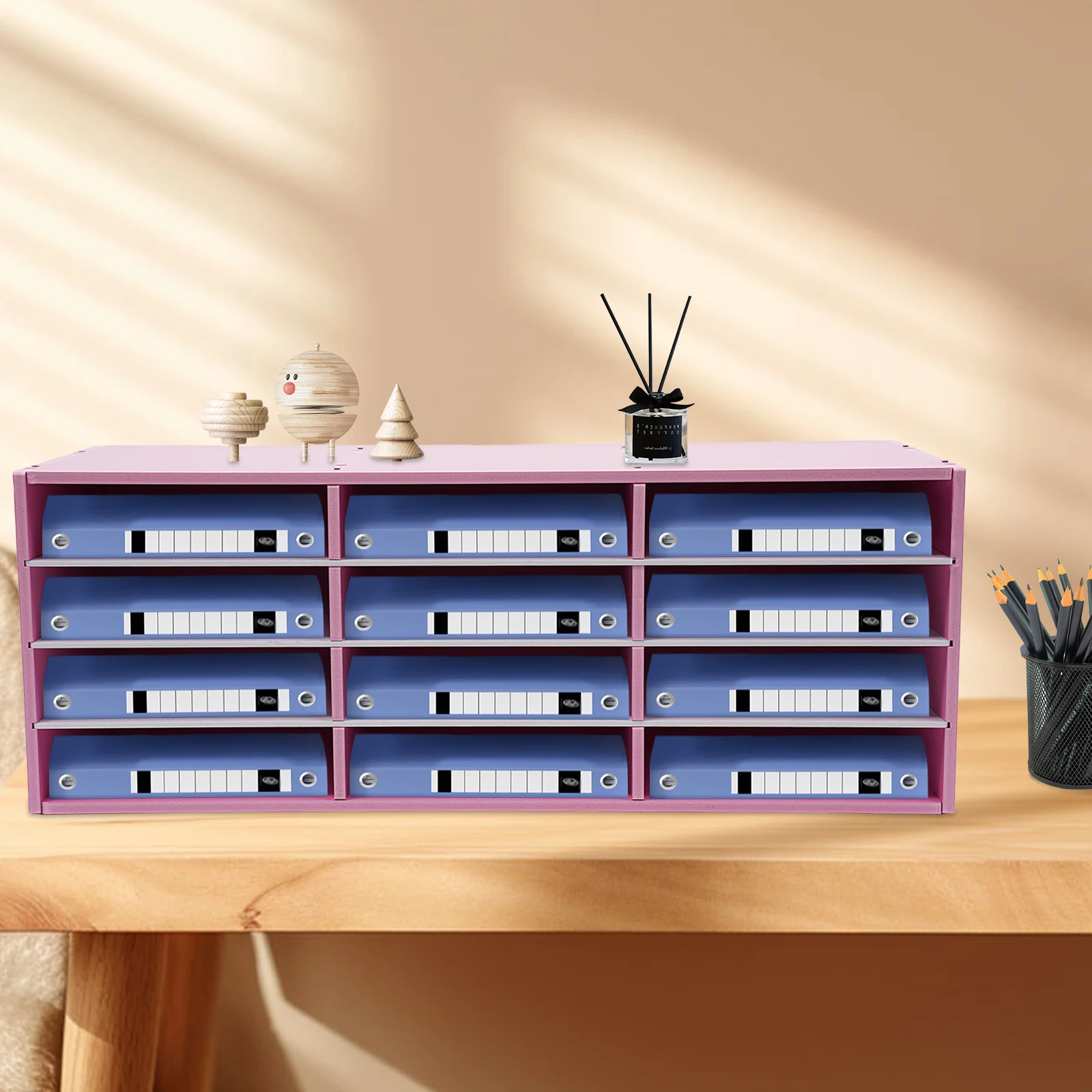 Pink 12-Slot Mail Sorter Organizer(Thickened Material&Rectangular Structure) - Stable Anti-Tipping&Top Platform, Stores Cables