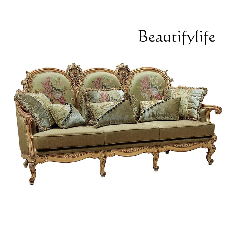 

European classical solid wood carving flower living room combination furniture retro old single double three sofa