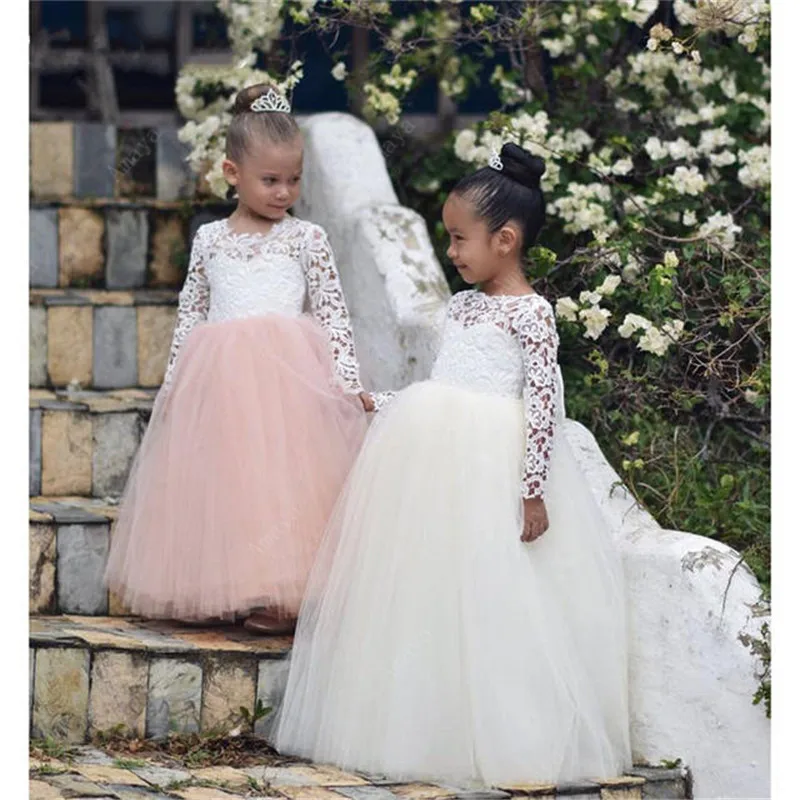 Beloving Lace Flower Girl Dresses Vintage Long Sleeves Junior Bridesmaid Gowns Floor Length Bow Sashes First Communion Baby Dres